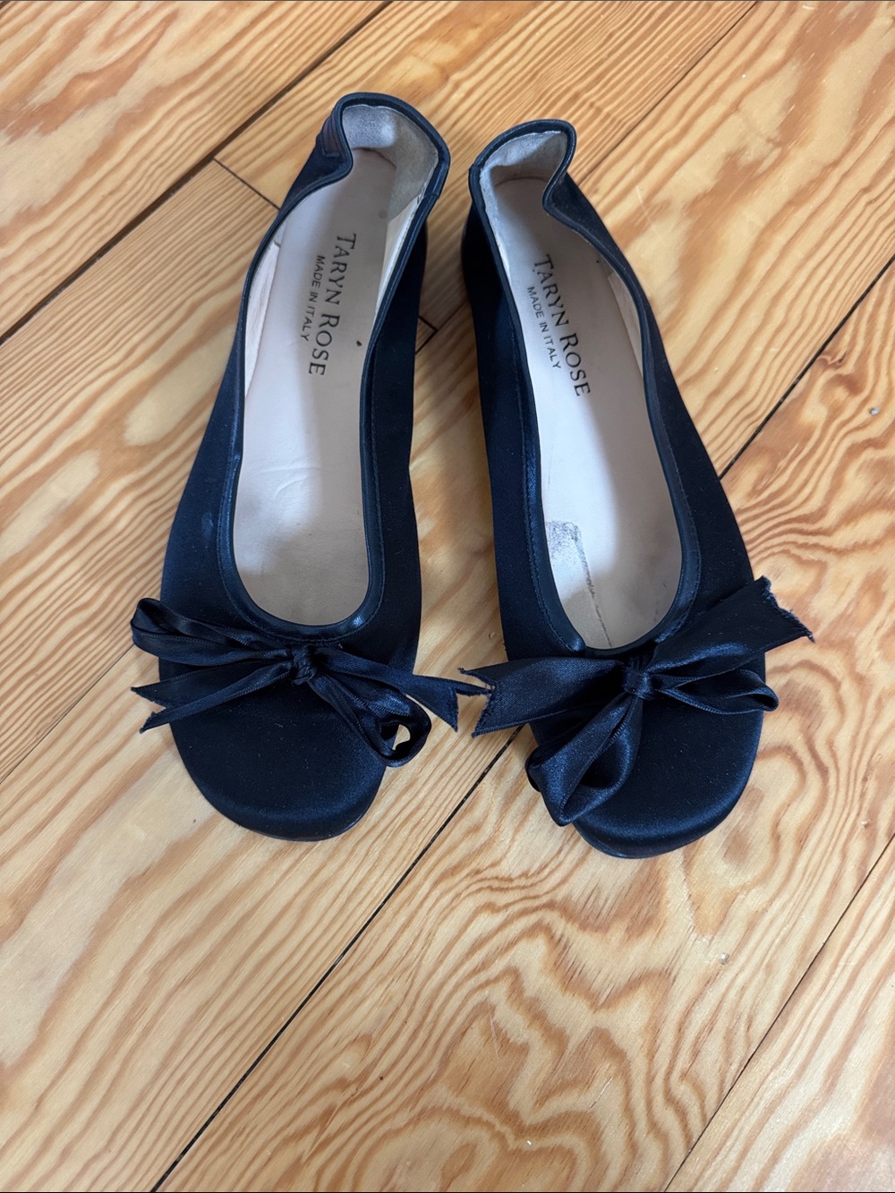 Taryn Rose Black Satin Bow Flats